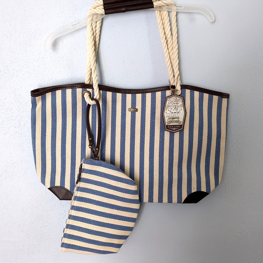 Sun 'N' Sand Tote Womens Blue Striped XL Beach Bag Attached Clutch Canvas NEW